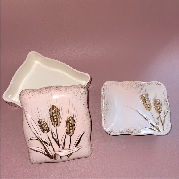 Vintage Signed Geo Z Lefton 1956 Pink & Gold Wheat Trinket & Dish Set - Picture 2 of 12